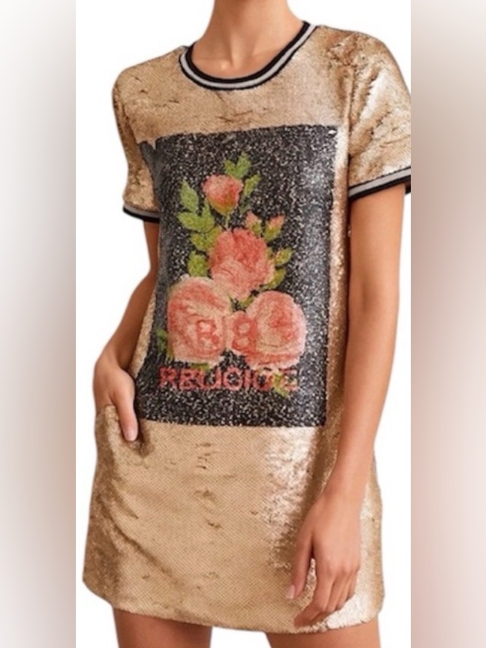 True Religion Gold Sequin Short Sleeve Floral Logo Dress